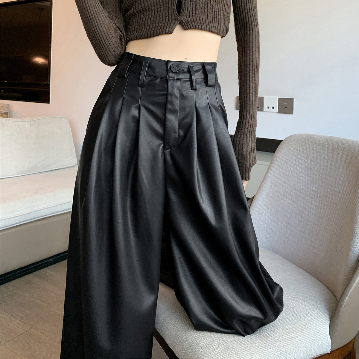 Real shot# leather pants for women 2023 New straight slimming casual pants PU leather personality loose wide leg pants autumn and winter