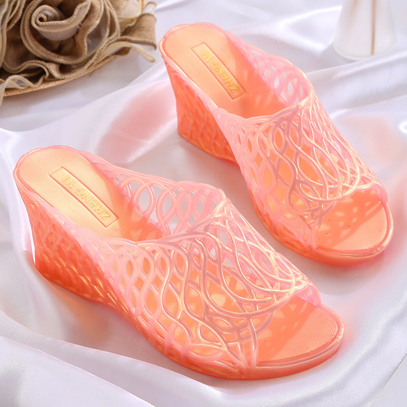 High-Heeled Women's Shoes with Thick Soles, Wedge Heels, Mesh Crystal Slippers, Pearlescent Iridescent Plastic Jelly Shoes, Hollow Anti-Odor High Heels
