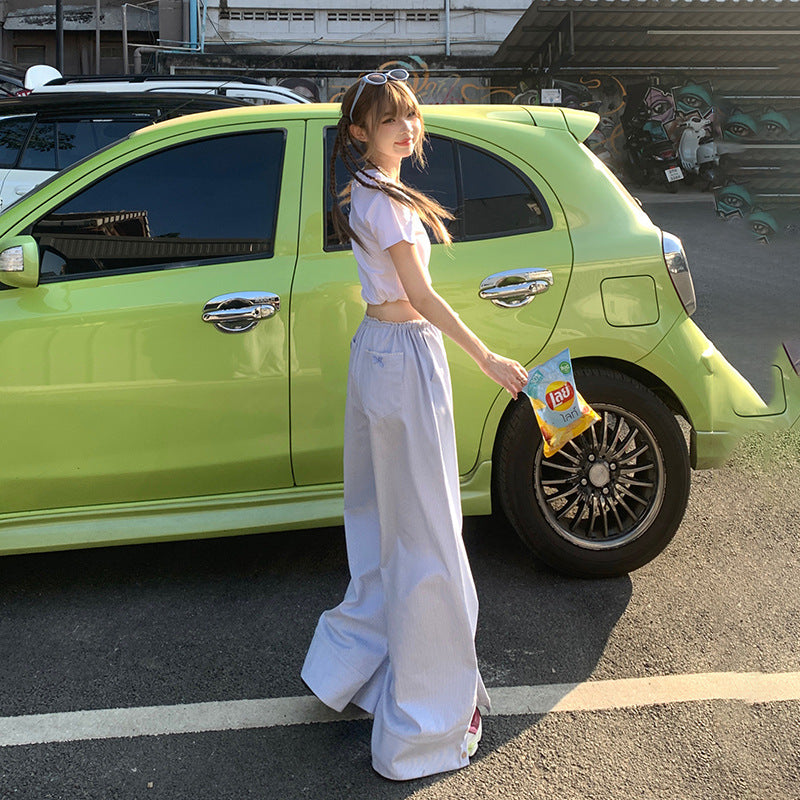 Retro Low Waist Lazy Style Drawstring Wide Leg Pants Women's Loose Slimming Spring New All-match Dumping Sports Casual Pants