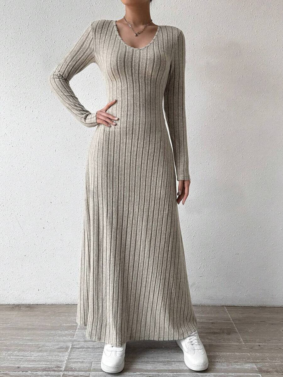 Slim Fashion Women's Knitted Pure Color Long-Sleeved A-Line Street Long Skirt for Women
