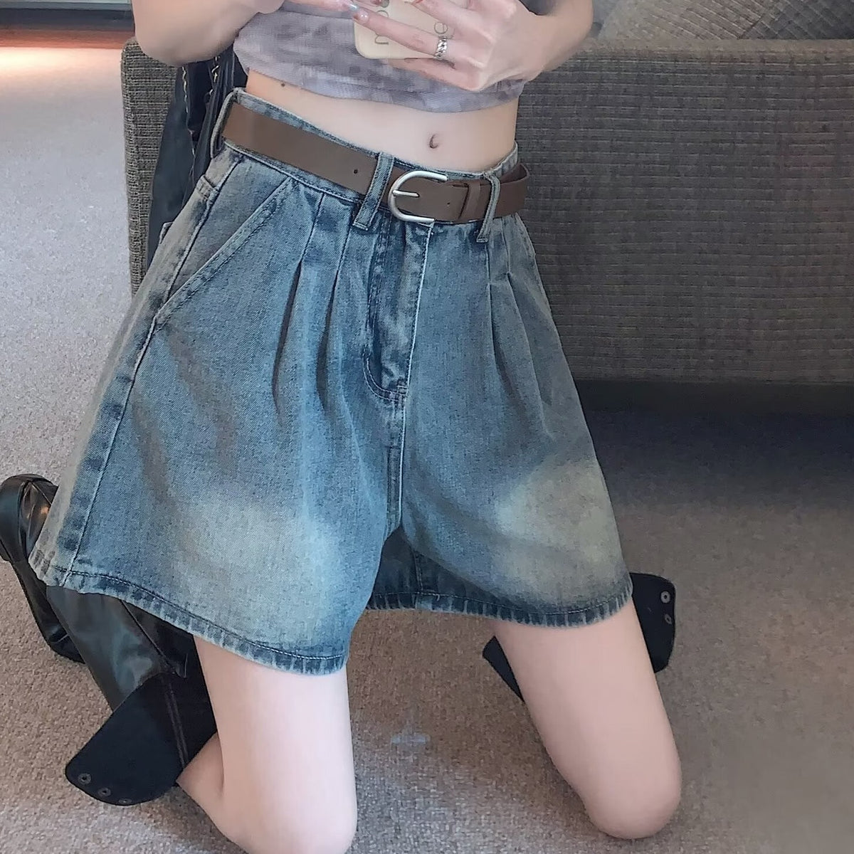 Design Sense Pleated High Waist Jeans Women's Summer American Style New Slim A- Word Retro Loose Wide-Leg Shorts for Women