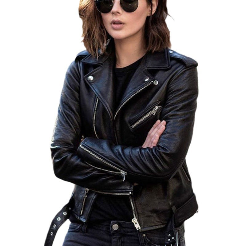 Cross-border 2023 New European and American Motorcycle Leather Jacket Autumn and Winter Women's Leather Clothing Women's Short Slim-fit Leather Fashion Jacket