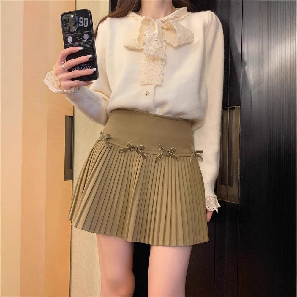 White Skirt, Bow Skirt, Black Pleated Skirt, Women's Early Autumn High-Waisted Slimming Look A-Line Skirt, Woolen Skirt