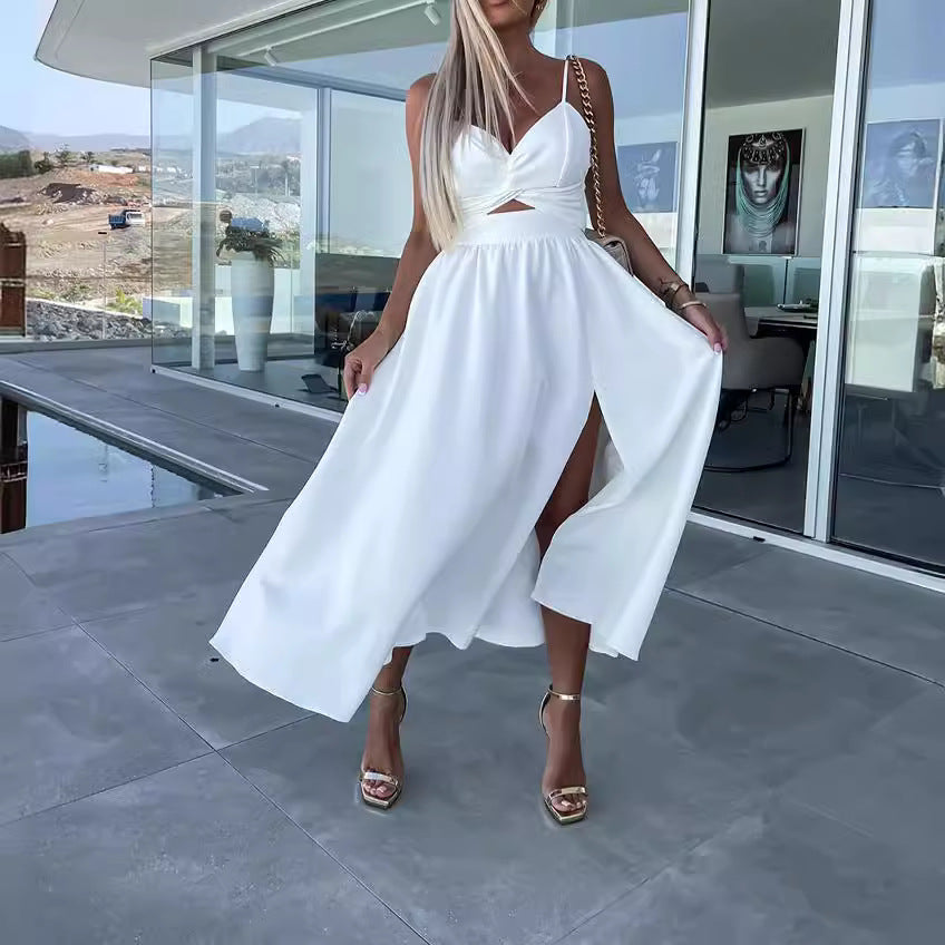 suspenders V-neck large pendulum dress slim-fit backless mid-length dress