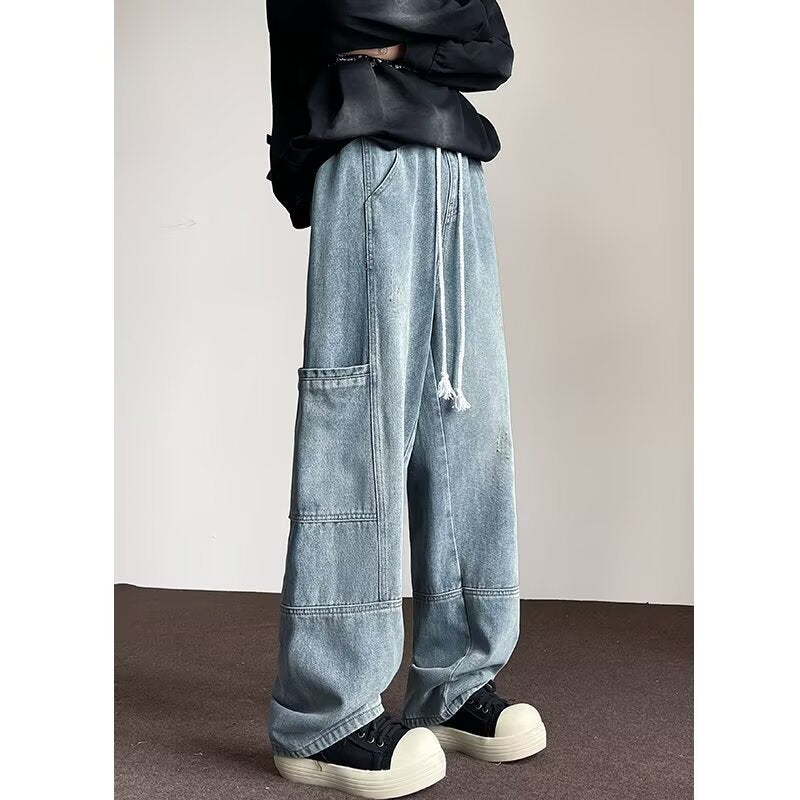 Workwear Jeans Male Teenagers Spring and Autumn Big Pocket Junior Senior high school Students American Casual Elasto Waist Long Pants