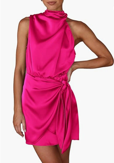 Spring 2024 Women's Short Formal Satin Dress Summer Sleeveless Collar Lace Up Waist Cocktail Party