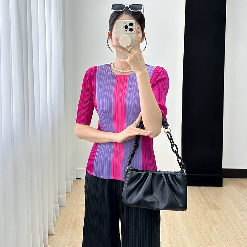 Sanzhai top for women 2023 Autumn New striped color matching straight slimming versatile pleated short sleeve t-shirt for women