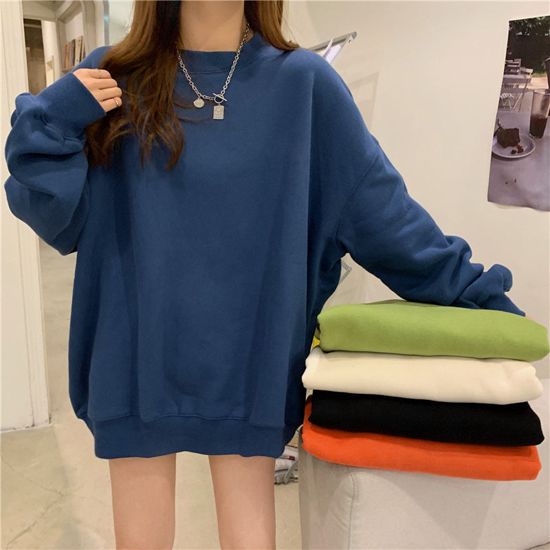 Solid Color Velvet Sweatshirt for Women in Autumn and Winter Korean Style Loose Casual Top T-Shirt Female Student Couple Outwear Bottoming Shirt
