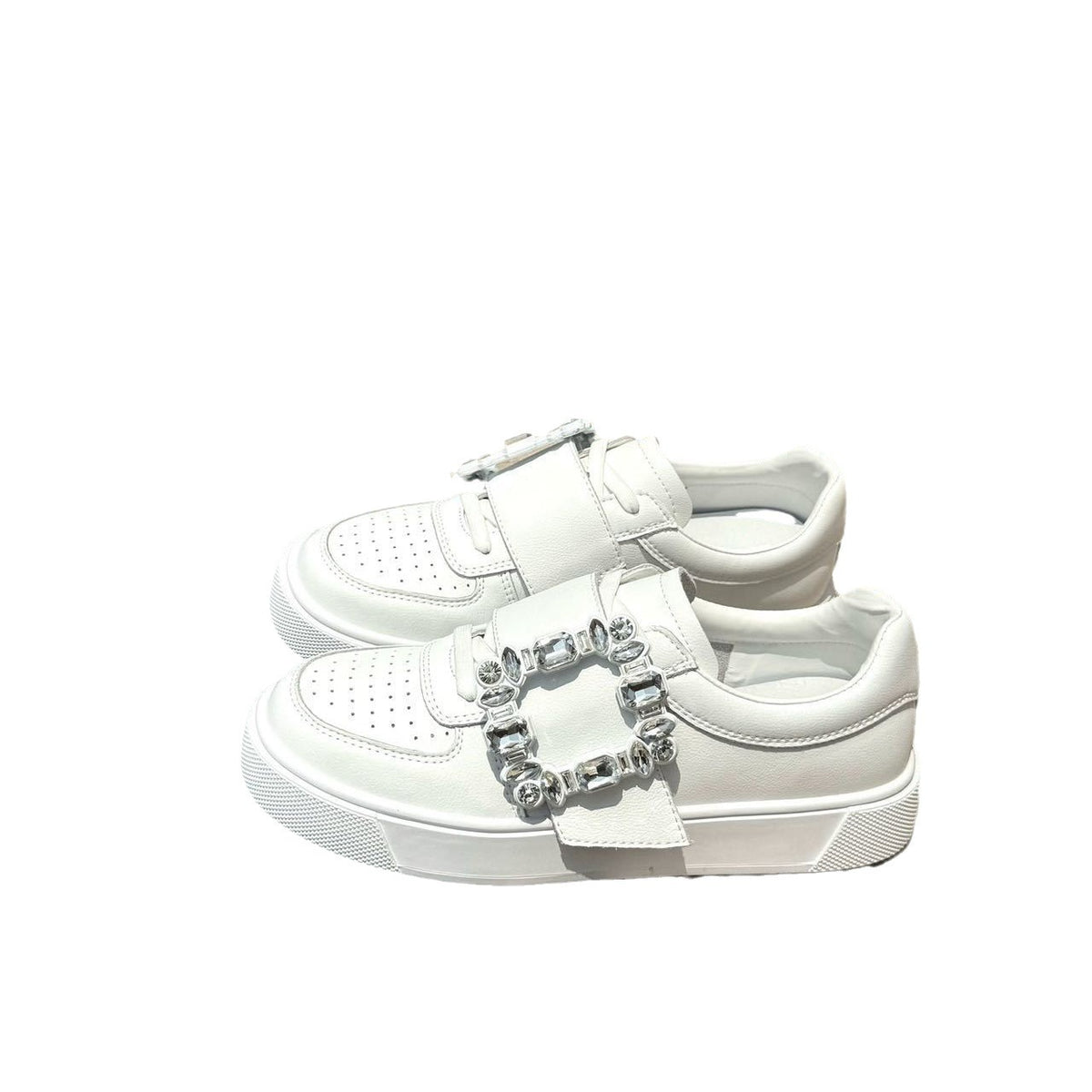 Genuine Leather Thick-Soled White Shoes for Women 2026 Spring and Autumn New Style Square Buckle Rhinestone Thick-Soled Height-Increasing Slip-On Soft-Soled Sneakers for Women