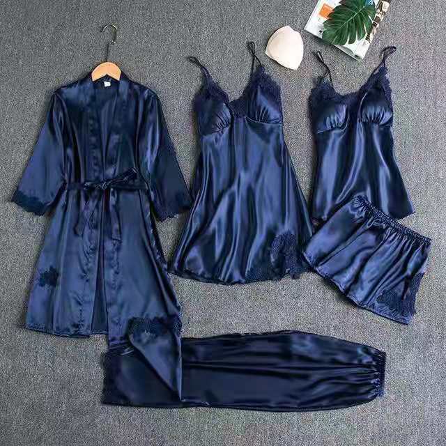 Pajamas Women's Summer Ice Silk Sexy Hot Adult Spring and Autumn Long Sleeve Thin Women's Nightgown Five-piece Suit
