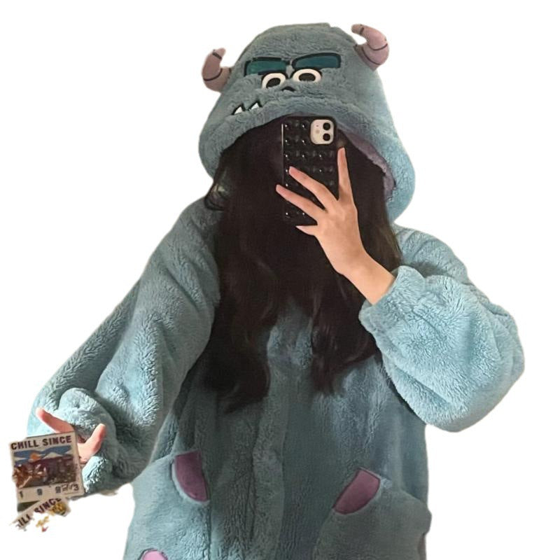 Little Monster Coral Velvet Pajamas Women's Autumn and Winter New Style Velvet Thickened Long Warm Pajamas Winter Outerwear Home Clothes