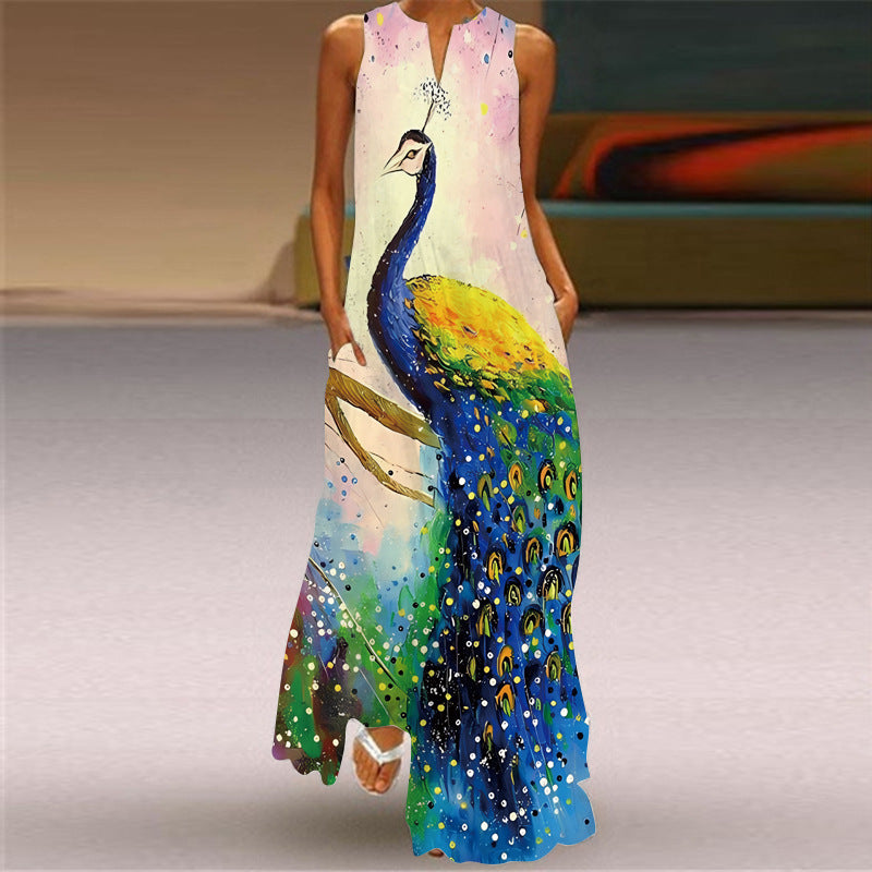 Summer Independent Brand New European and American Retro Print Long Dress V-Neck Multi-Color Long Sexy Sleeveless Dress