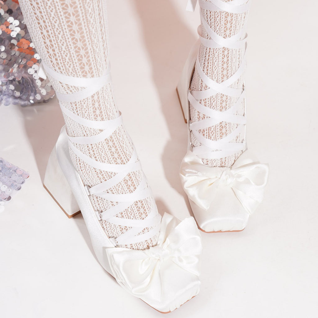 Sweet Cross Strap Ballet High Heels Women's Thick Heel French Satin Bow Lolita Mary Jane Shoes