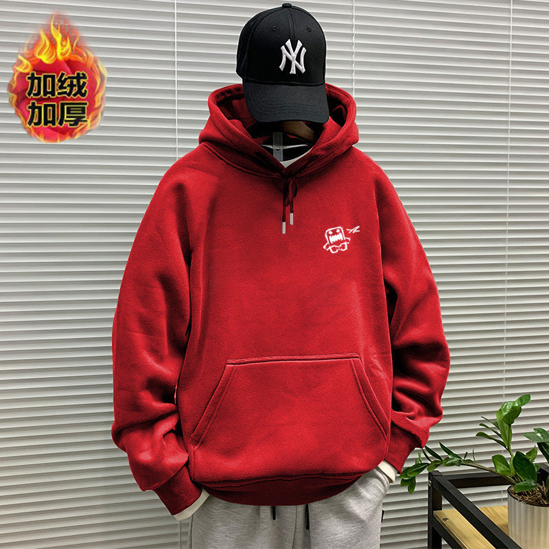 440g winter Yu wenle tide brand men's sweater men's hooded coat simple coat loose fleece-lined hoodie