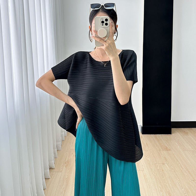 Foreign trade sanzhai top for women 2023 new loose slimming irregular versatile high-grade pleated t-shirt for women