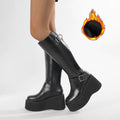 Wedge-Heeled Thick-Soled Knee-High Boots for Women with Belt Buckle Design, Long Boots for Petite Women, Height-Increasing Long Boots, Fleece-Lined Warm Riding Boots