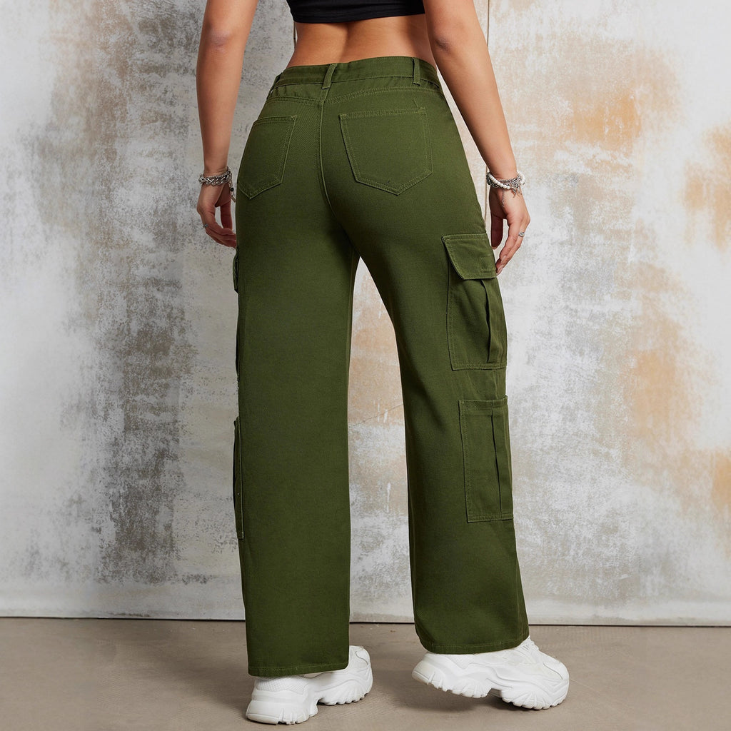 European and American Women's Street Fashion Multi-Pocket Workwear Straight Pants High Waist Slimming Loose khaki Jeans Women