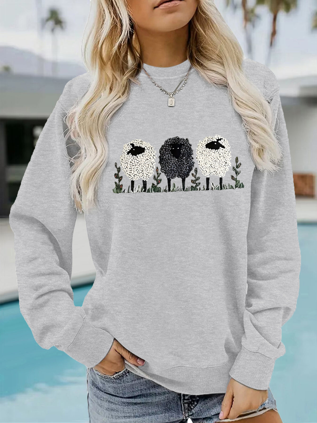 Europe and the United States cross-border autumn and winter women's casual long sleeve crew neck sheep printed pullover sweatshirt sweater wholesale