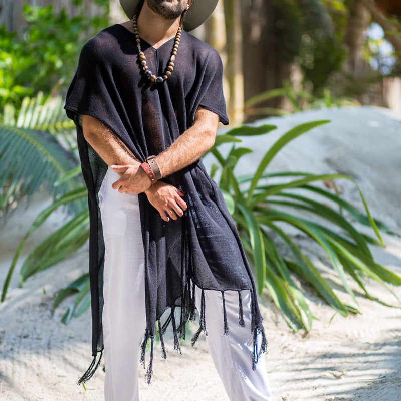 Мужской Плащ Spring and Summer New Men's Tassel Beach Clothing Pullover Blouse Windbreaker