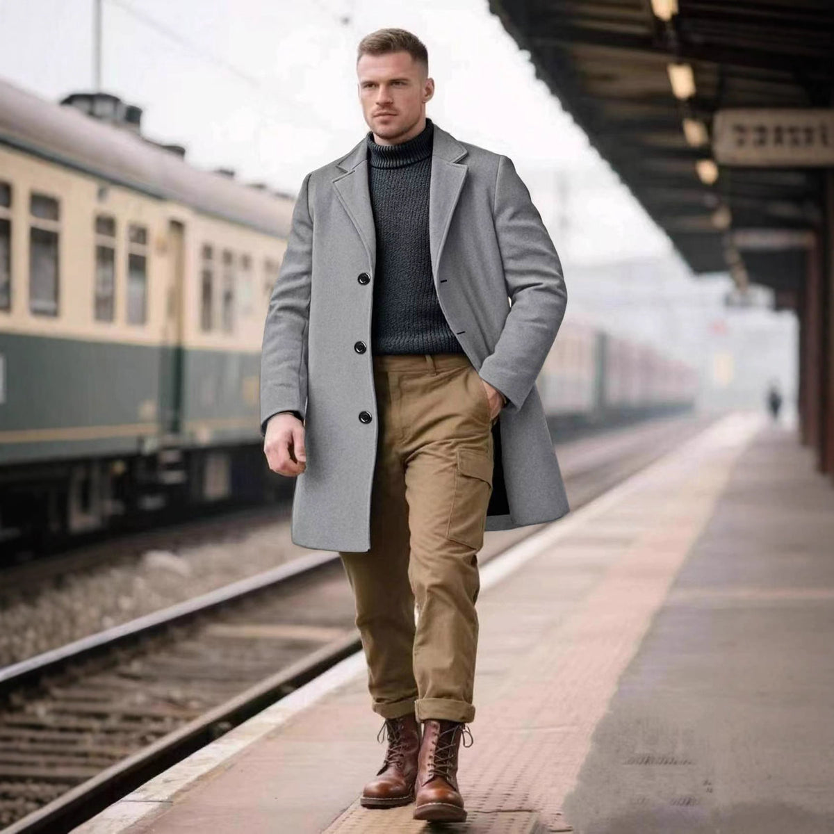 Cross-Border European Sizes Exclusively for European and American Hot-Selling Spring and Autumn Men's Lapel Slim Simple Solid Color Elegant Trench Coat