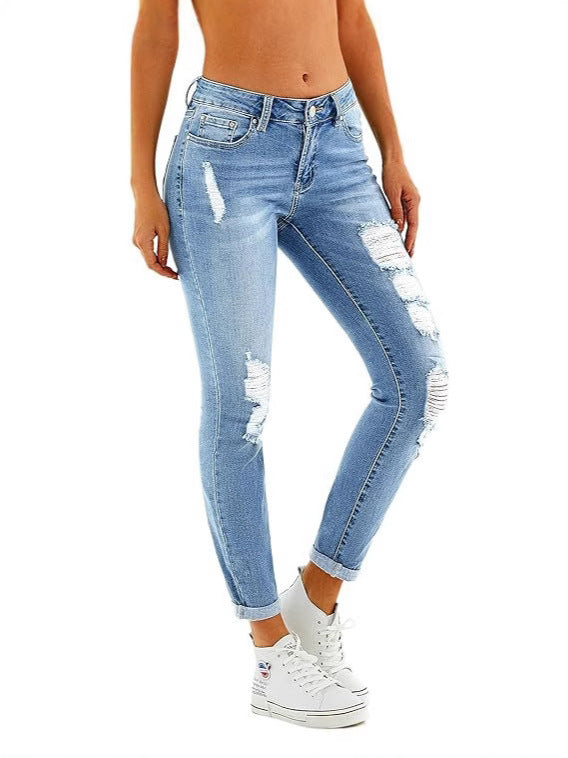 2025 Amazon European and American Cross-Border Spring and Summer New Casual Fashion Washed Ripped Mid-Waist Jeans for Women in Stock