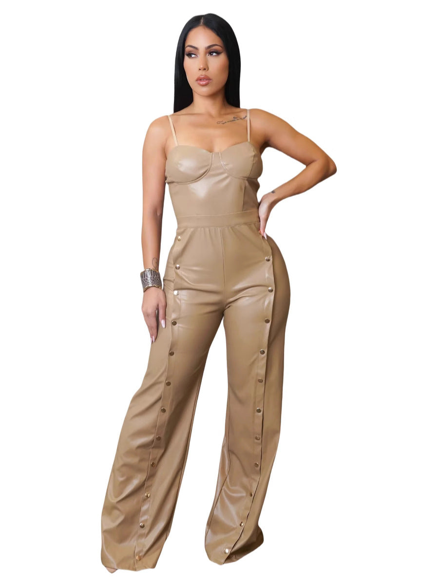Aj4479 Cross-Border Supply European and American Clothing Pu Leather Suspender Sleeveless Wide-Leg Jumpsuit