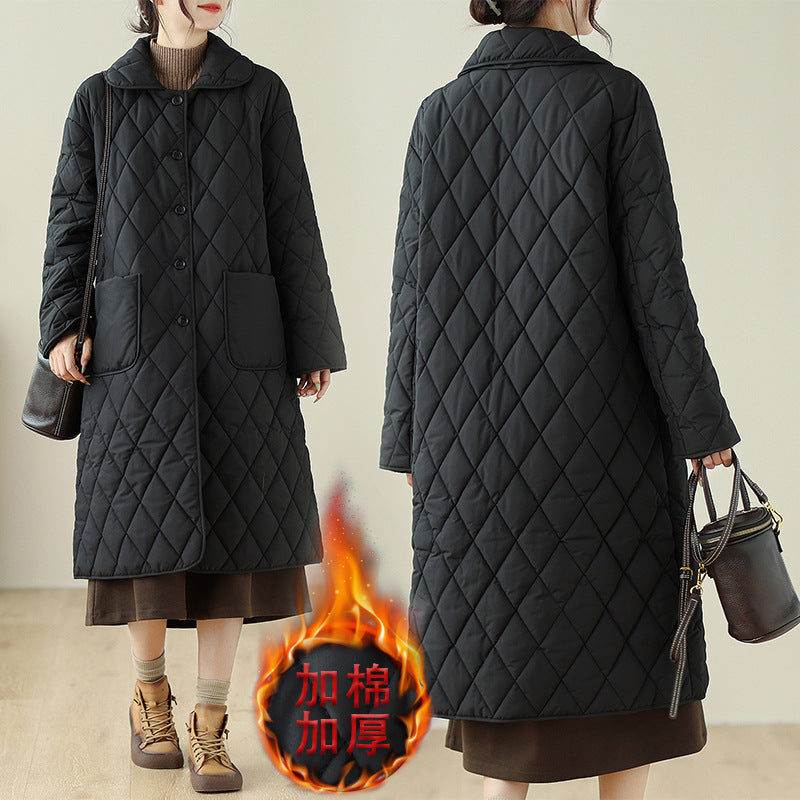 Real shot rhombic over-the-knee cotton-padded jacket women's mid-length loose cotton-padded jacket ins winter clothes slimming all-match cotton-padded jacket