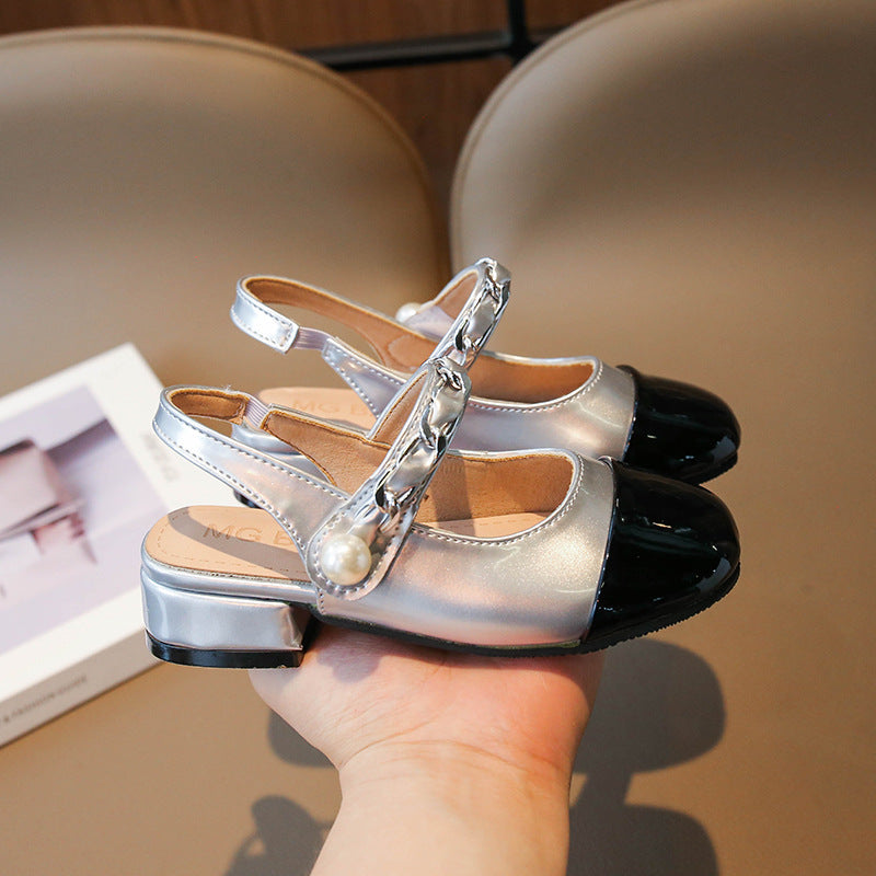 Fashion pearl color matching children's high heels chunky heel girls' leather shoes shallow mouth 2023 Summer new sandals closed toe