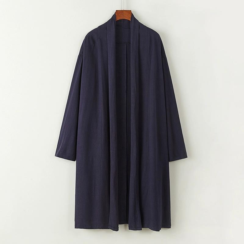 2025 New Autum Chinese Style Men's Stand-Up Collar Mid-Length Buttonless Windbreaker Linen Robe Cloak Jacket