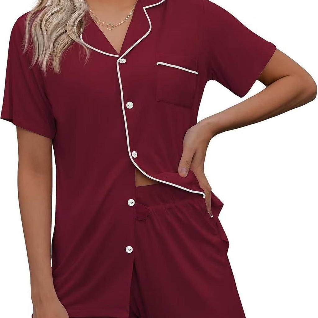 European and American Women's Cross-Border Pajamas Set Short-Sleeved Pajamas Cardigan Button-Style Pajamas Two-Piece Set Source Factory Cool