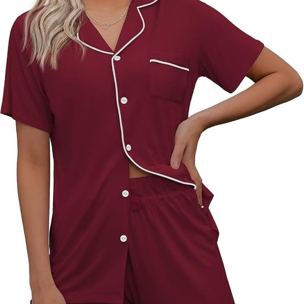 European and American Women's Cross-Border Pajamas Set Short-Sleeved Pajamas Cardigan Button-Style Pajamas Two-Piece Set Source Factory Cool