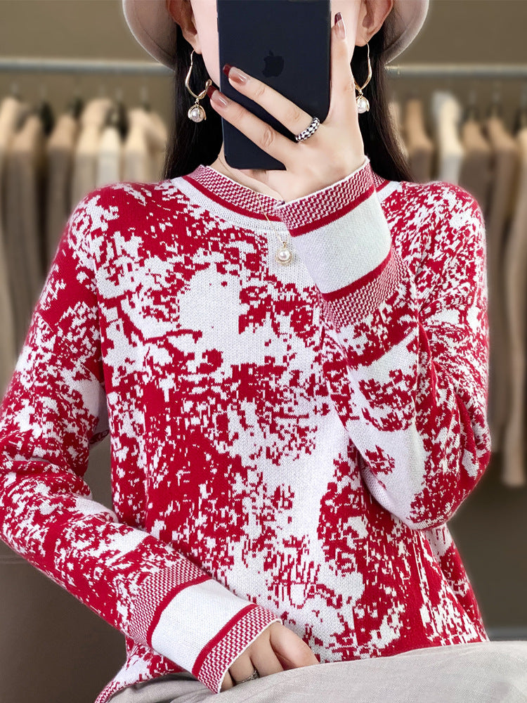 24 spring new semi-high collar women's sweater sweater ink painting pullover loose slim base shirt top women