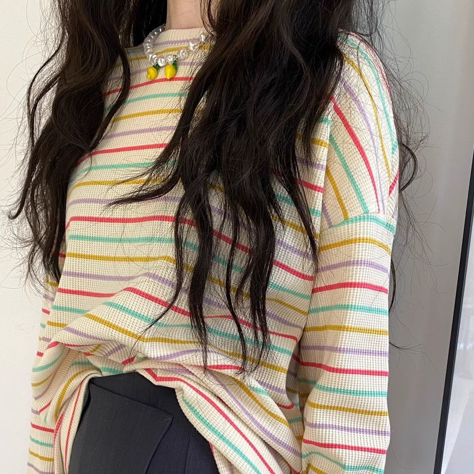 Spring and Autumn T-shirt Thin Sweatshirt Korean Style Autumn and Winter New Vigor Rainbow Striped Long-sleeved T-shirt Women's Top Women's Age-reducing
