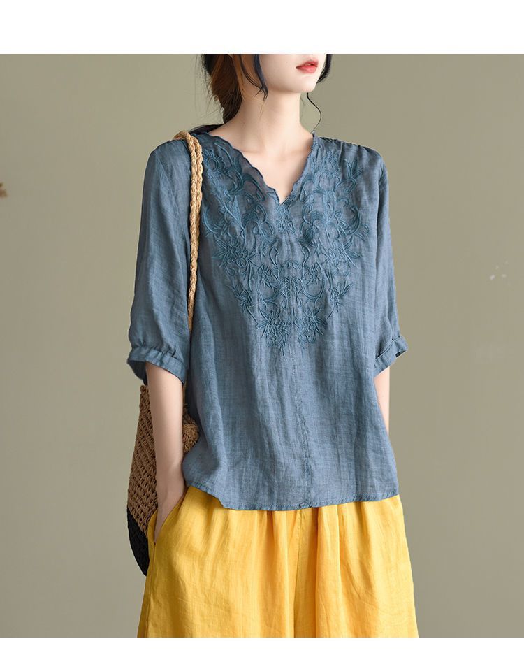Shirt Summer New Style Retro Literary Thin Embroidered Short-Sleeved Cotton and Linen Tops for Women Ethnic Style V-Neck Pure Cotton T-Shirts for Women