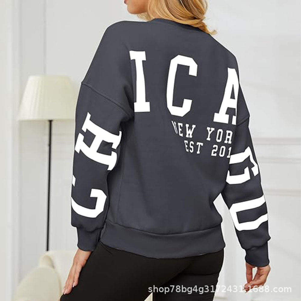 Autumn and Winter New Sweatshirt Women's Clothing Amazon Hot-Selling Loose Top Long-Sleeved Fleece-Lined Color-Blocked Ribbed Sweatshirt for Women