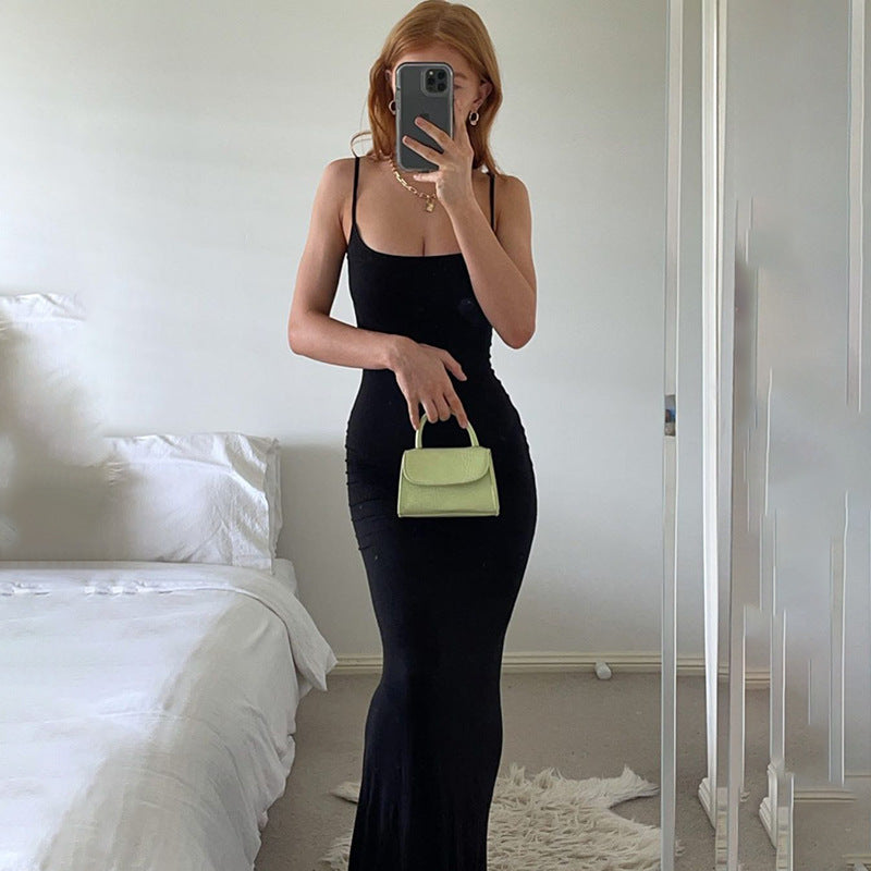 Sling dress European and American Women's High-end Sense Pure Desire Hip Skirt Sexy Slim-fit Milk Silk Long Fishtail Skirt