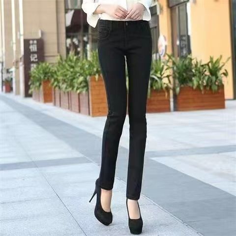 Red Jeans Women's 2024 Autumn and Winter Plus Velvet High Waist Slim Fit Small Foot Casual Pants Straight-Leg Pencil Pants