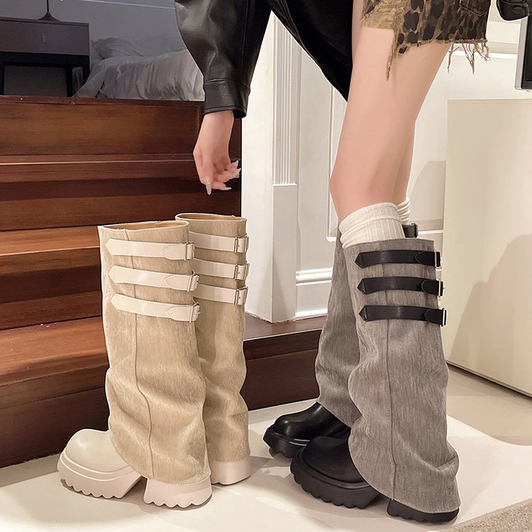 Unique Belt Buckle Long Boots for Women 2025 Autumn and Winter New Thick-Soled Stacked Tube Boots Sweet Cool Style High Knight Boots