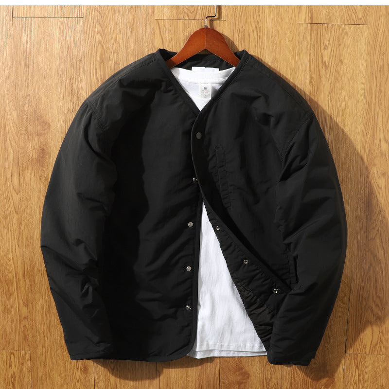 Japanese Retro Collarless Quilted Jacket Men's Windproof Workwear Layered V-Neck Snap Cotton Coat Men
