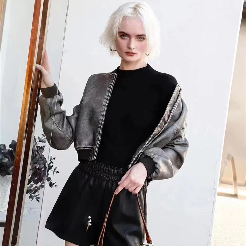 Spring and Autumn New American Style Leather Jacket Retro Style Old Faux Leather Aviator Jacket Coat Women's Round Neck Flying Suit Top