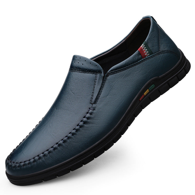 2025 Autumn Men's Slip-On Business Loafers Toe Layer Cowhide Soft Leather Plaid Work Black Leather Shoes