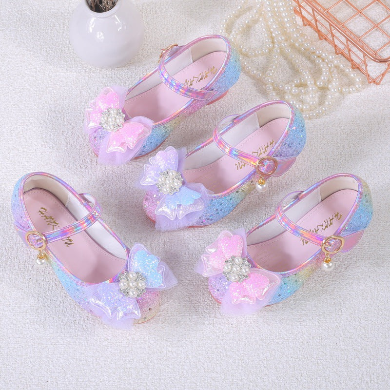 2025 New Lace Bow Girls' Shoes Children's High Heel Princess Shoes Fashion Korean Style Sequined Rainbow Color Shoes
