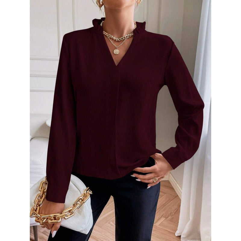 Cross-Border Export New Dropshipping Aliexpress Blouses V Neck Shirt Long-Sleeved Tops