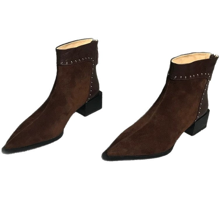 French High-End Medium Thick Heel Short Boots for Women 2025 Winter Rear Zipper Rivet Fashion Boots Slim Boots Elegant Elastic Boots