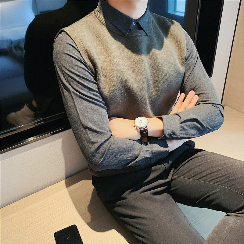 Wholesale In-Stock Men's Textured Two-Piece Knit Sweater, Slim Fit, Light Business Style, Mature Men's Professional Wear, Shirt Collar Sweater