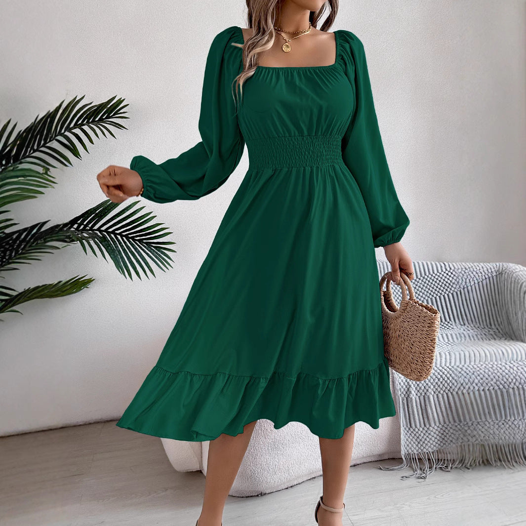 2026 Spring/Summer European and American Casual Solid Color Square Neck Long Sleeve Waist-Cinching Ruffle A-Line Dress Amazon Cross-Border Women's Clothing