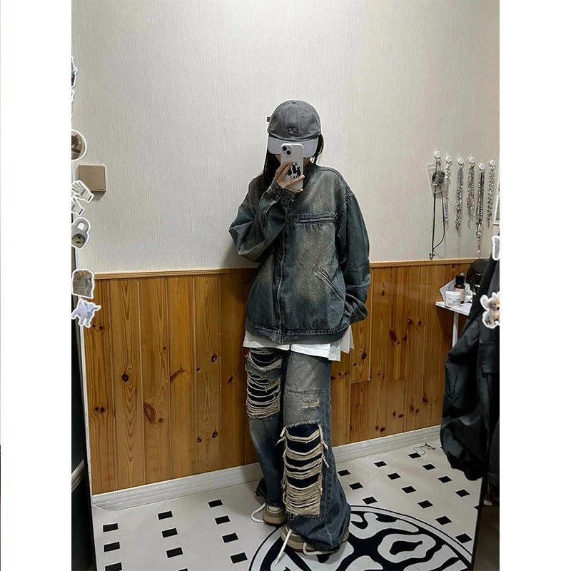 American Style Retro Vibe Style Tooling Denim Coat Women's Autumn Loose Design Sense Washed Old Cardigan Jacket Trendy