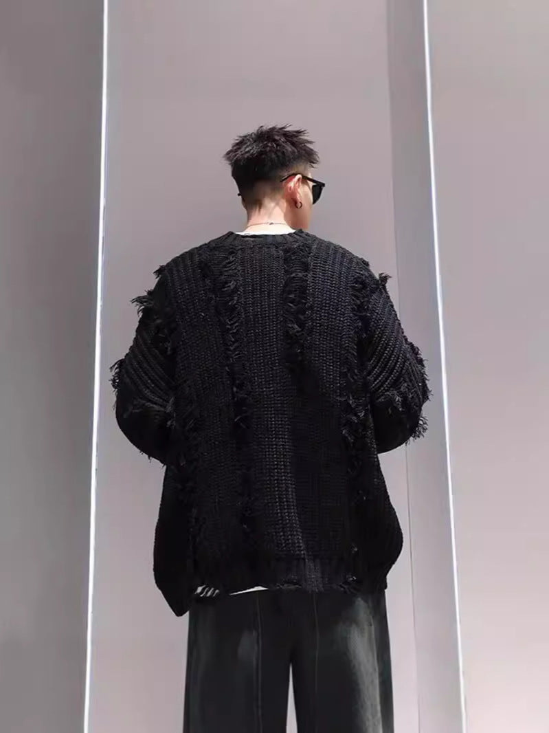 2024 Autumn and Winter New Sweater Men's American Niche Retro Tassel Hole Design Loose Lazy Knitted Sweater