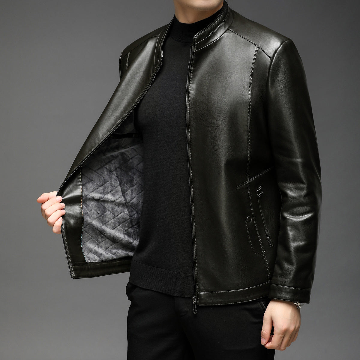 Men's Leather Jacket, Autumn and Winter, Middle-Aged Business Style, Stand-Up Collar, Fleece-Lined, Casual Men's Leather Coat, Mid-Length