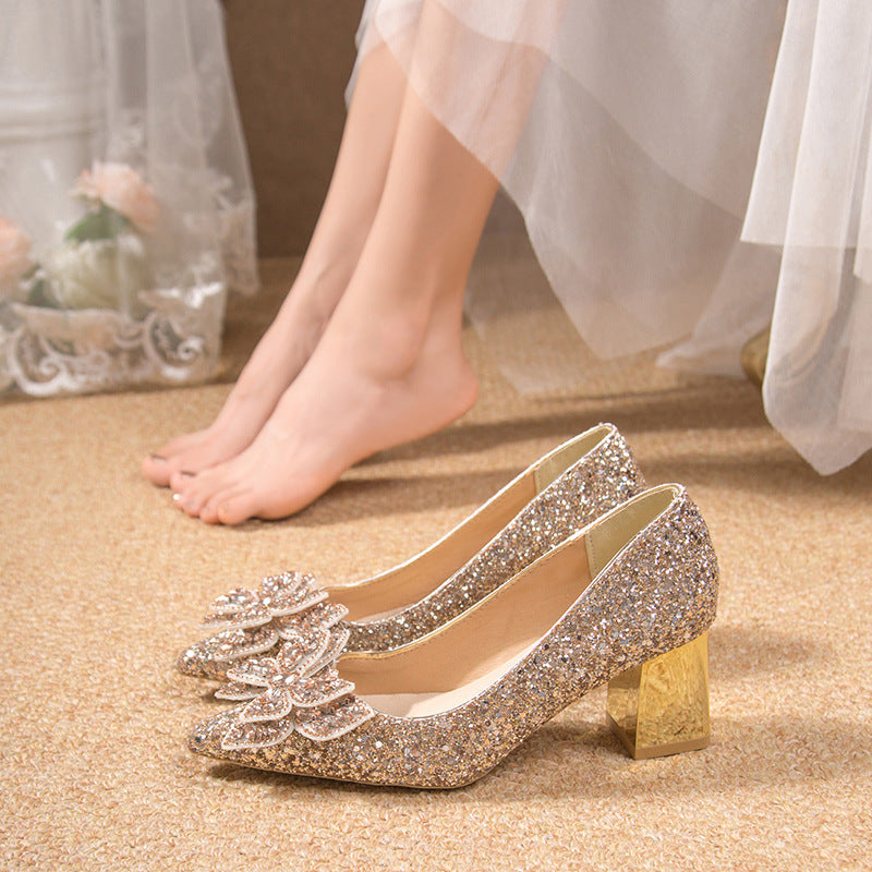 Crystal High Heels Women's Thick Heel French Style Elegant Bow plus size Rhinestone Sequin Single-layer Shoes Bridesmaid Shoes Xiuhe Wedding Shoes